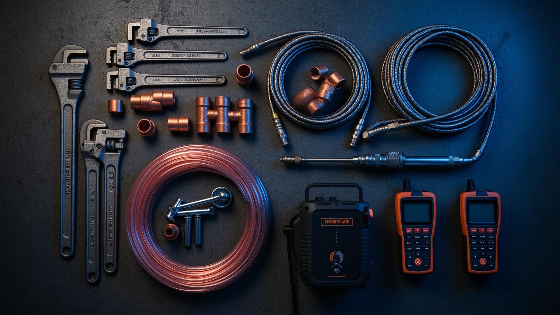Professional plumbing tools and hydro jetting equipment laid out on workbench