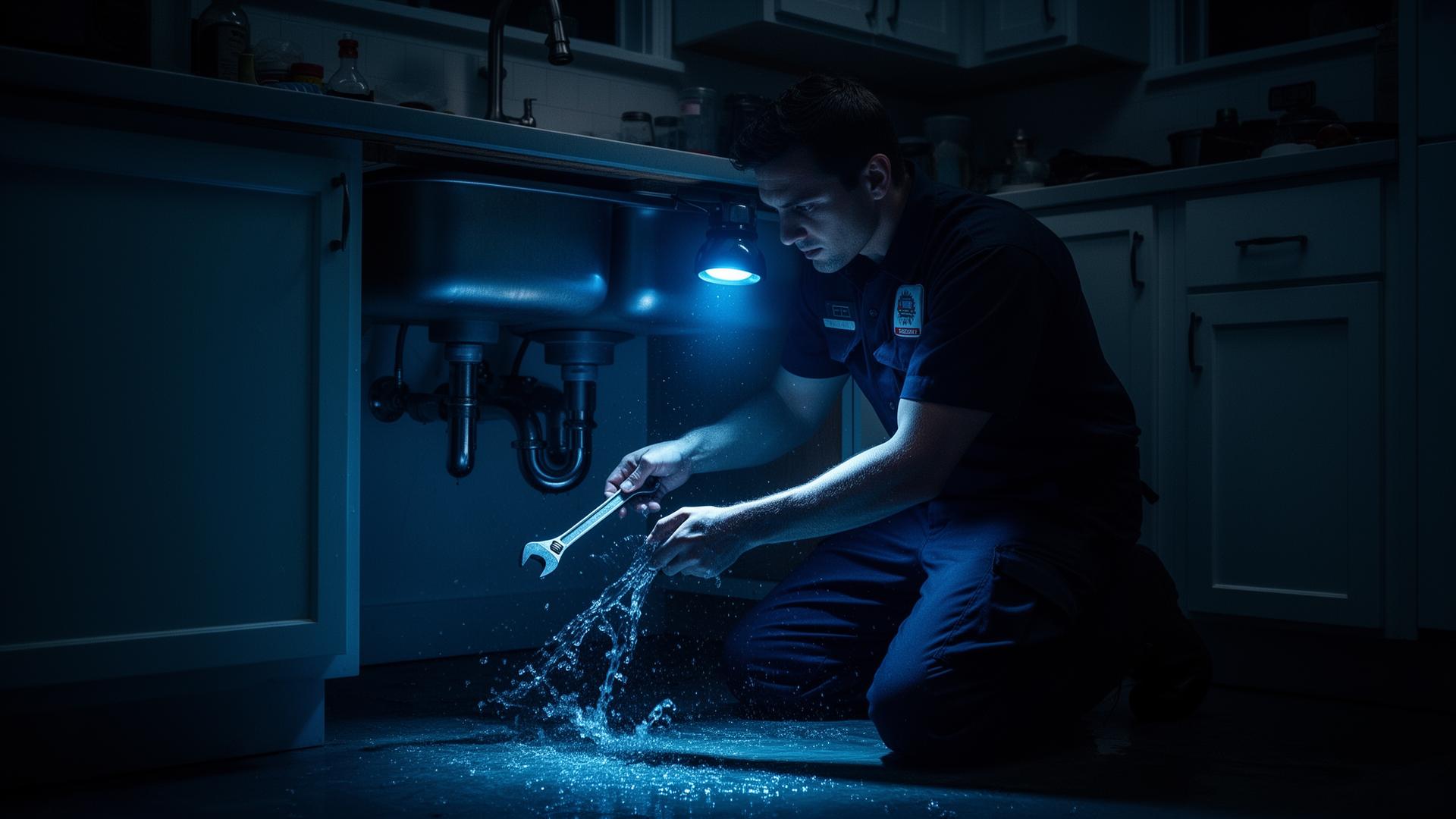 Emergency plumber repairing a leaking pipe under a Seattle kitchen sink at night